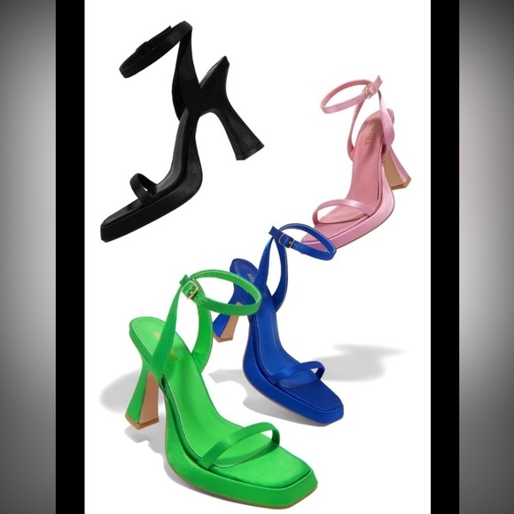 Miss Lola Mina Black Mini Platform Concave Heeled Satin Square Toe 90s Sandals - Picture 15 of 15